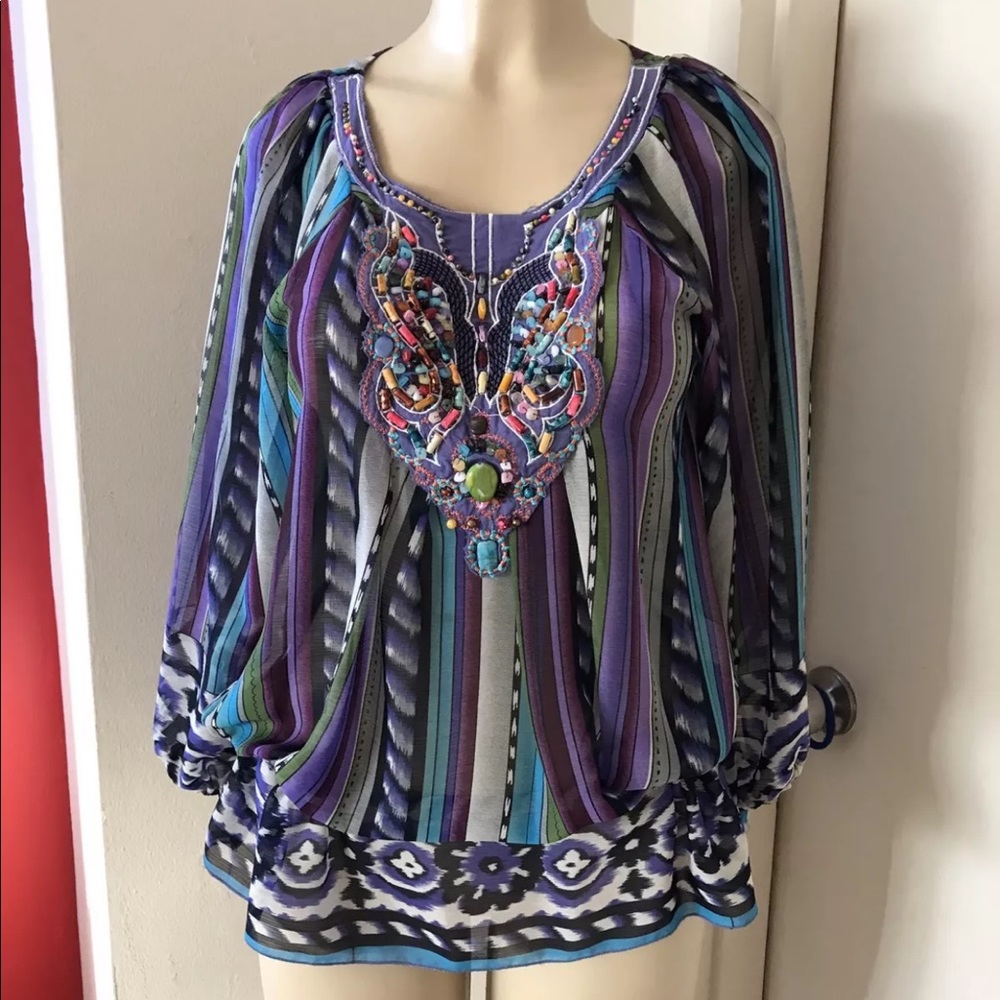 Women Tunic Multi Color Top established beaded Beach Cover up S/M